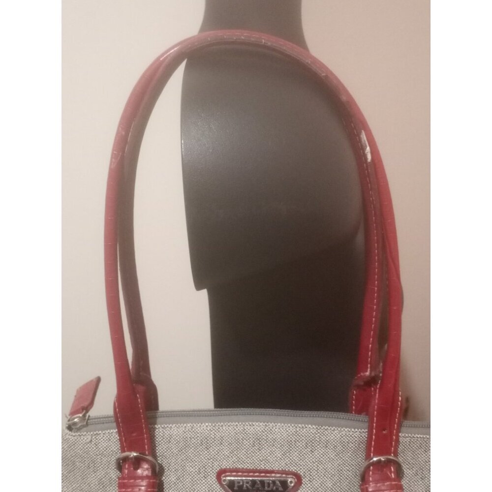 PRADA MILANO Gray Red Leather-Canvas Shoulder Bag Purse - Picture 3 of 13